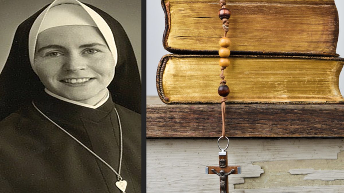 Vänster: Mary Dispenza blev utsatt för övergrepp. Bilden föreställer när hon var en nunna. Höger: Radband med kulor ovanpå en bok.